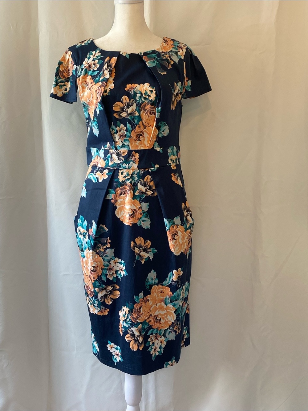 Apricot Blue Floral Dark Cottagecore Knee Length Tulip Dress 6 Feminine Romantic